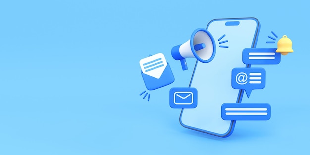 Ilustración de marketing de correo electrónico móvil en fondo azul renderizado en 3D
