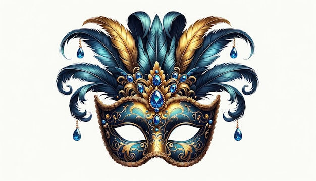 Una ilustración de una máscara de estilo veneciano en azul profundo y dorado adornada con piedras preciosas, filigrana detallada y elegantes plumas acentuadas con adornos de terciopelo AI Generative