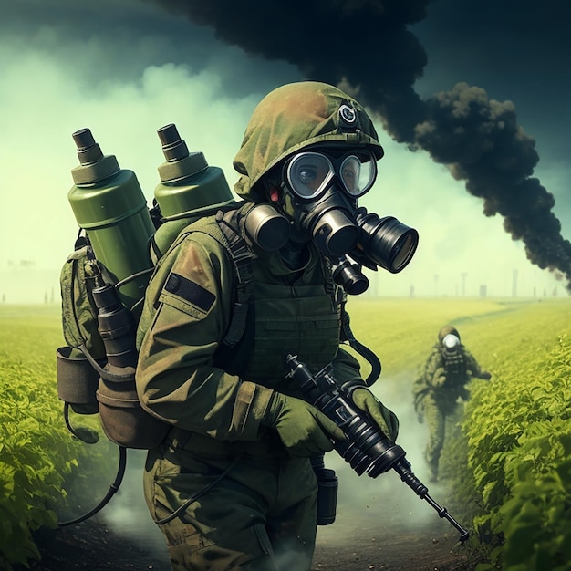 Ilustración de una máscara de gas durante un ataque químico. Guerra química.