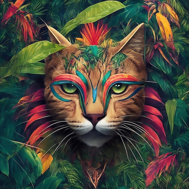 Ilustración de máscara de gato tropical en el fondo colorido de la selva Ai generado