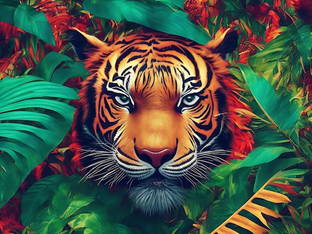 Ilustración de máscara de tigre tropical Símbolo místico del fondo colorido enigmático Ai generado