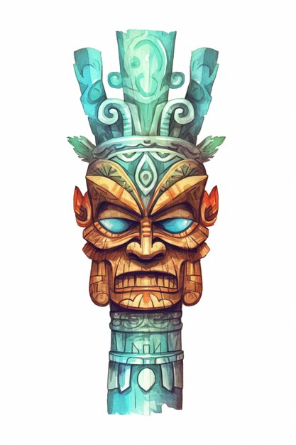 Foto ilustración de una máscara tiki con ojos azules y cabeza verde