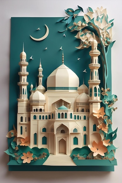 Ilustración Masjid Del Estilo Del Arte Del Papel Pop Elegante Colorido