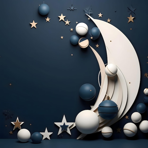 Ilustración Media luna decorada con bolas de bola estrellas de fondo azul marino Abstracts tarjeta de Navidad como un símbolo de recuerdo del nacimiento del salvador