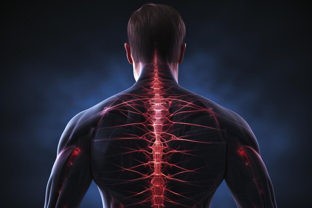 Ilustración médica en 3D de la anatomía masculina de la columna vertebral, la estructura de los músculos de la espalda y los tendones, fondo azul simple