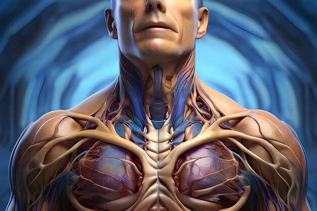 Foto ilustración médica en 3d anatomía masculina glándula tiroidea ciencia ficción problemas de salud concepto