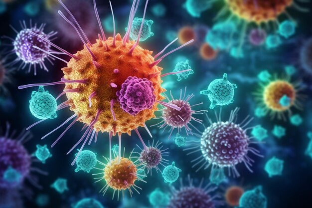 Ilustración médica generada por Ai de virus, bacterias, microbios y aislamiento de células cancerosas de diferentes colores