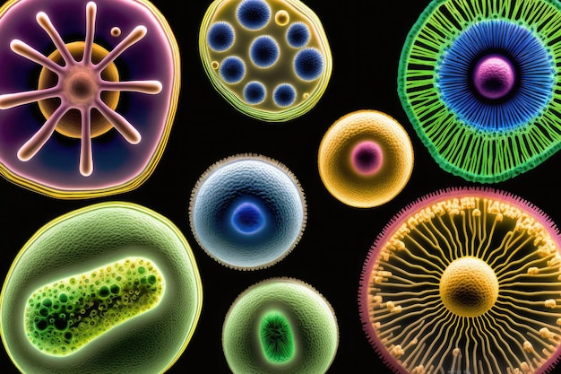 Ilustración médica generada por IA de virus, bacterias, microbios, células cancerosas, aislamiento de diferentes colores