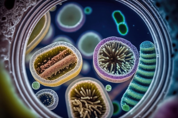 Ilustración médica generada por IA de virus, bacterias, microbios, células cancerosas, aislamiento de diferentes colores