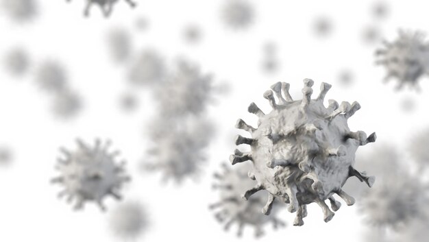 Ilustración médica de infección por coronavirus. Primer plano del virus del microscopio. Representación 3D.