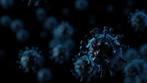 Ilustración médica de infección por coronavirus. Primer plano del virus del microscopio. Representación 3D.