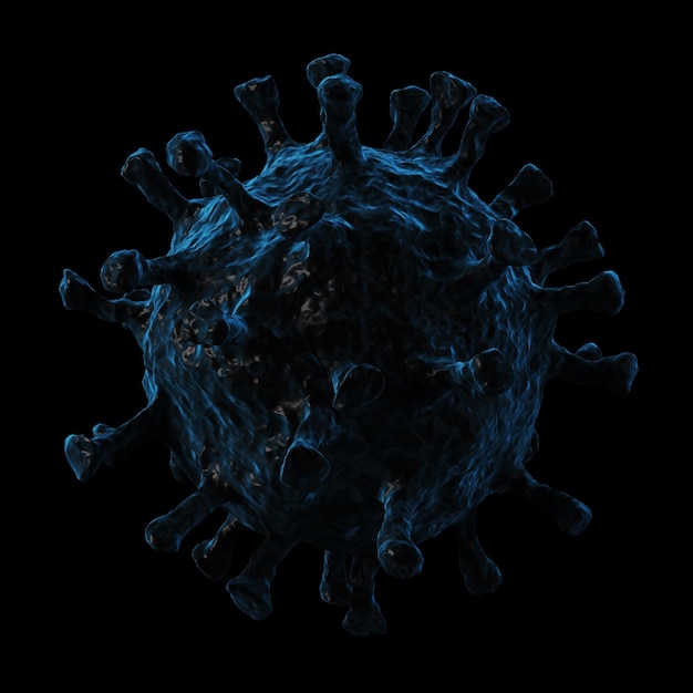 Ilustración médica de infección por coronavirus. Primer plano del virus del microscopio. Trazado de recorte incluido. Representación 3D.
