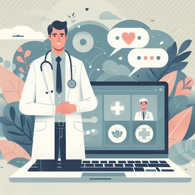 Ilustración médica profesional Un médico con una computadora portátil para un cartel médico