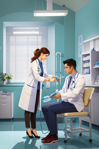 Ilustración de un médico inyectando la vacuna a un paciente en una clínica