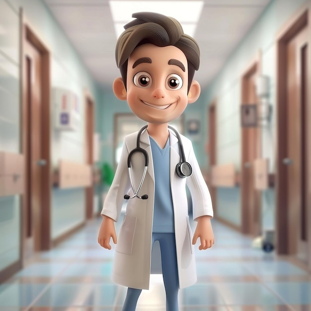 Ilustración de un médico con uniforme y un hospital de fondo borroso