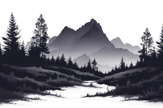 Ilustración a medio tono de un paisaje montañoso en blanco y negro con picos y valles escarpados