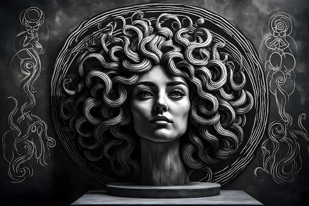 Ilustración de Medusa en blanco y negro