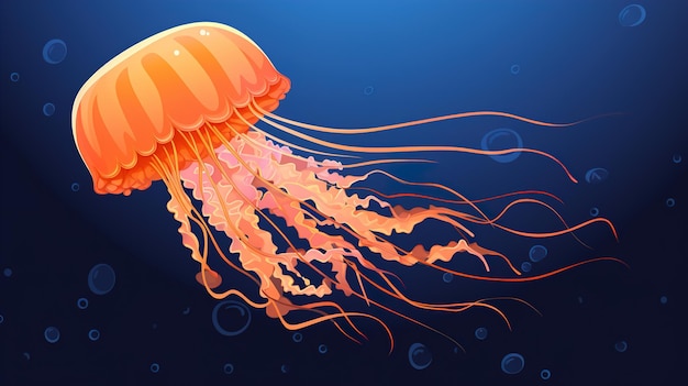 Ilustración de una medusa naranja brillante en las profundidades del océano