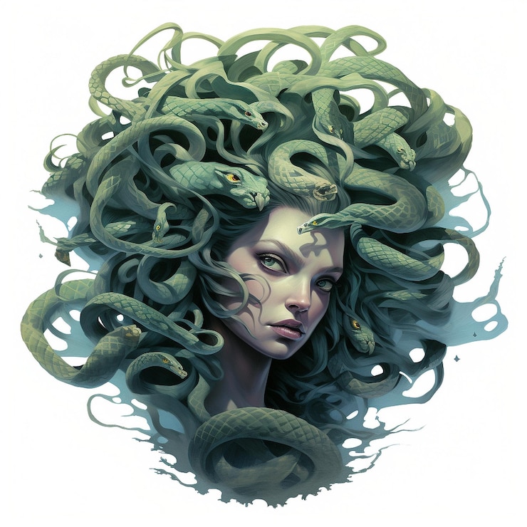 Foto ilustración de medusa y serpientes en su cabello
