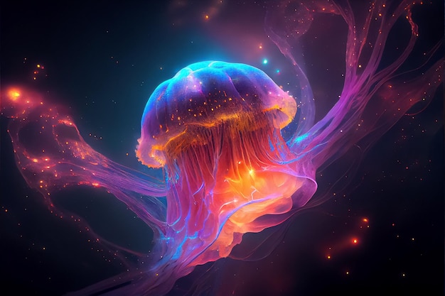 Ilustración de medusas galácticas con estrellas y polvo espacial en el universo AI