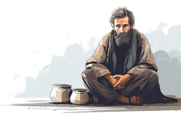 Foto ilustración de un mendigo sin hogar sentado en la calle y pidiendo dinero