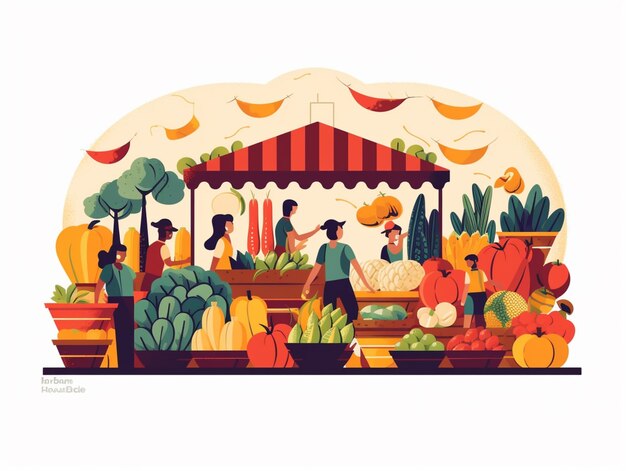 ilustración de un mercado de agricultores con gente comprando y vendiendo verduras ai generativo