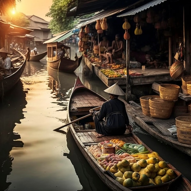 Ilustración de un mercado flotante de Tailandia por la mañana de alta calidad full hd 8k