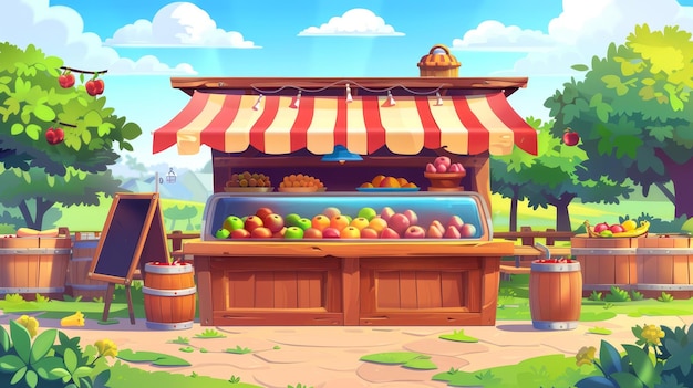 Ilustración de un mercado de frutas de comida callejera en un parque de la ciudad puestos de granja fresca para eventos al aire libre festivales o bazares de verano
