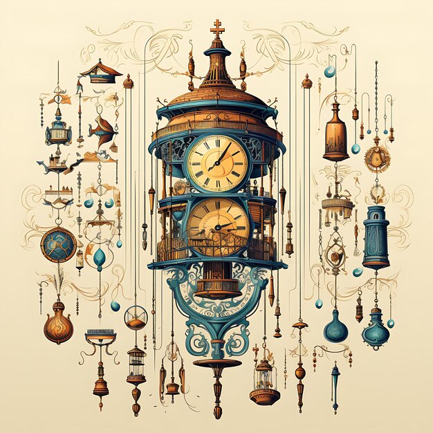 Ilustración del mercado de relojeros Varios relojes abuelo cuco metalli 2D etiqueta de clipart plano