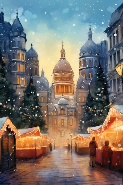 Ilustración del mercado tradicional de Navidad en la ciudad de Europa