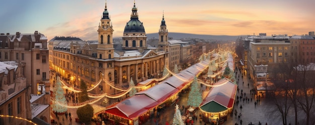 Ilustración del mercado tradicional de Navidad en la ciudad europea de Budapest