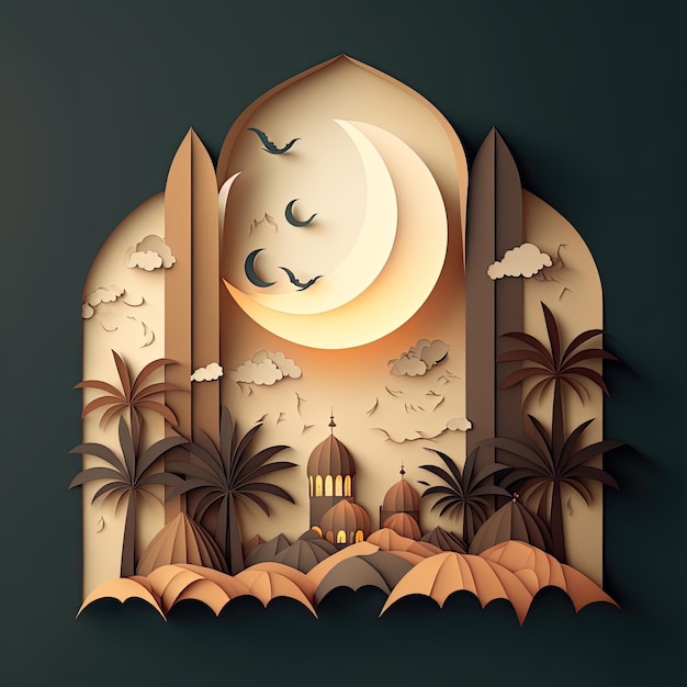 Ilustración del Mes Sagrado de Ramadán con elementos islámicos