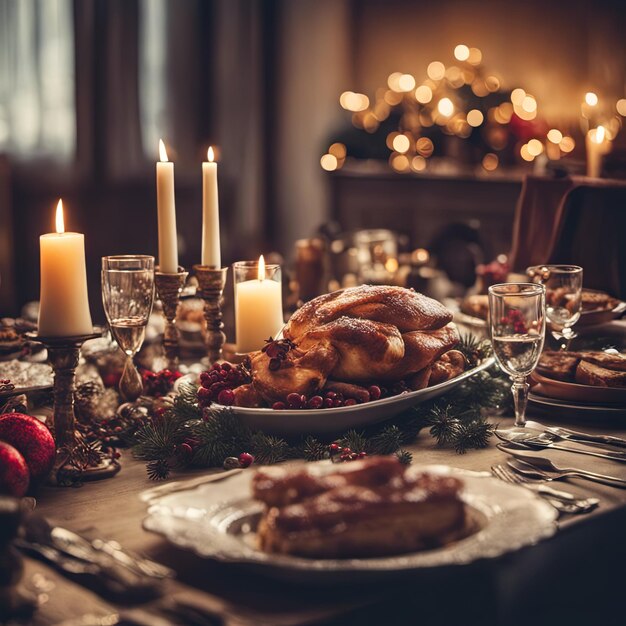 Ilustración de la mesa de Navidad con un banquete navideño de fondo