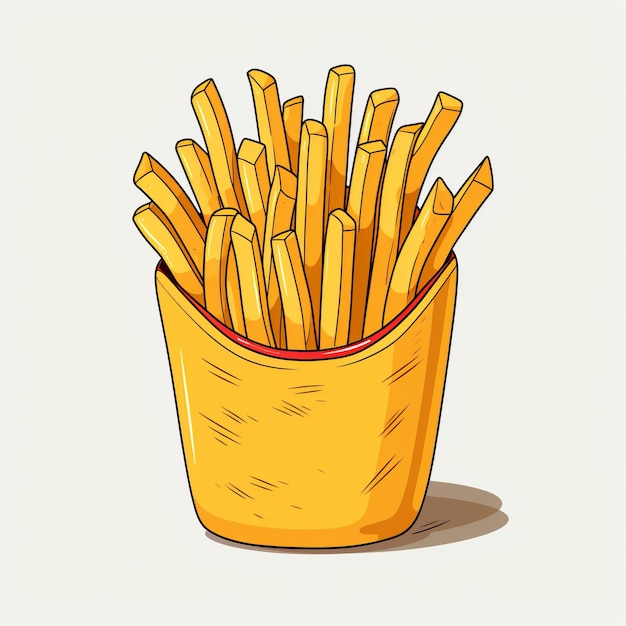 Ilustración meticulosamente detallada de papas fritas en cubo amarillo