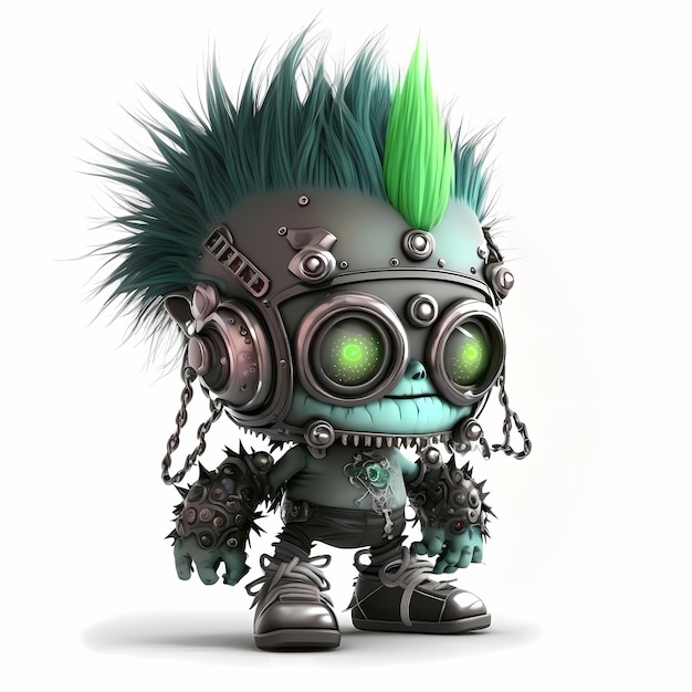 Ilustración de una mezcla entre cyberpunk y steampunk Monster 3D design con partes del cuerpo de medio robot