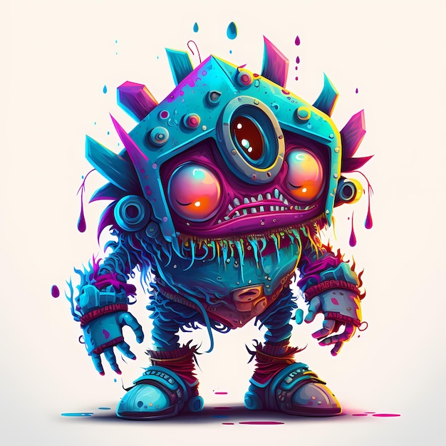 Ilustración de una mezcla entre cyberpunk y steampunk Monster 3D design con partes del cuerpo de medio robot