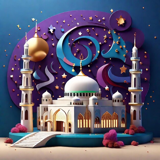 Ilustración de mezquita en 3D decorada con muchas estrellas colgando generada por IA
