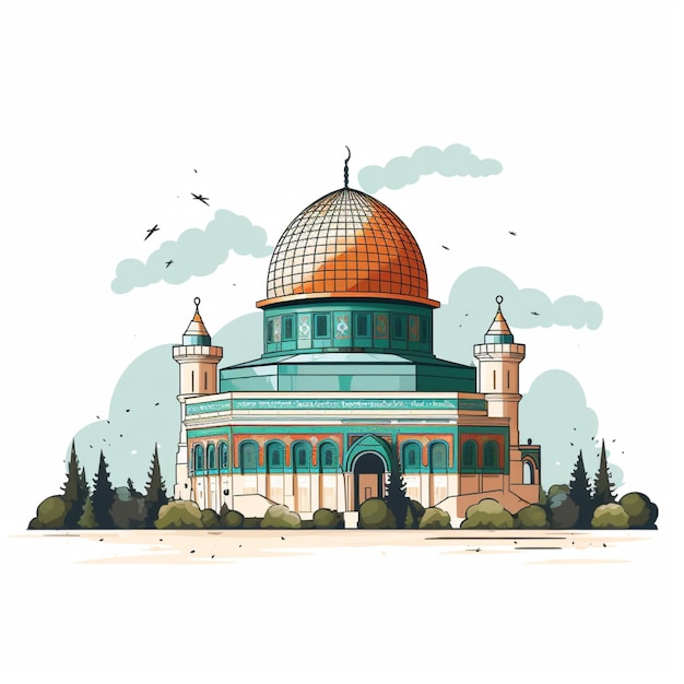 Ilustración de la mezquita Al-Aqsa aislada con la bandera palestina sobre un fondo blanco