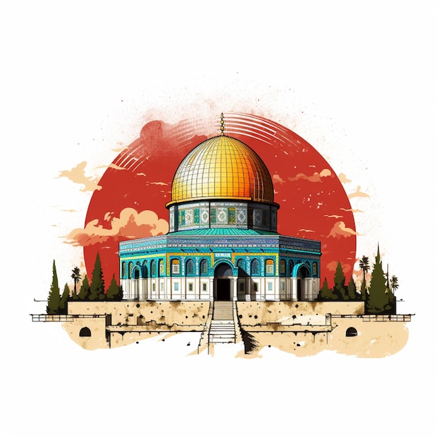 Ilustración de la mezquita Al-Aqsa aislada con la bandera palestina sobre un fondo blanco