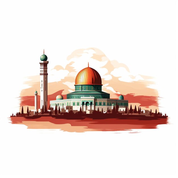 Ilustración de la mezquita Al-Aqsa aislada con la bandera palestina sobre un fondo blanco