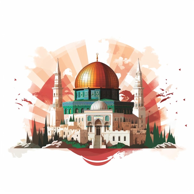 Ilustración de la mezquita Al-Aqsa aislada con la bandera palestina sobre un fondo blanco