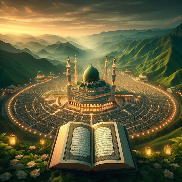 Ilustración de la mezquita con el Corán del Islam