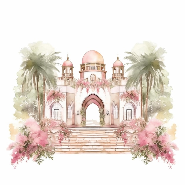 Ilustración de una mezquita con una cúpula rosa y palmeras generativas ai