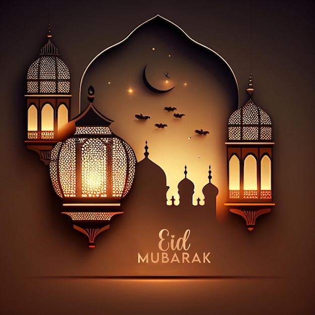 Una ilustración de una mezquita y linternas con las palabras eid mubarak en ella