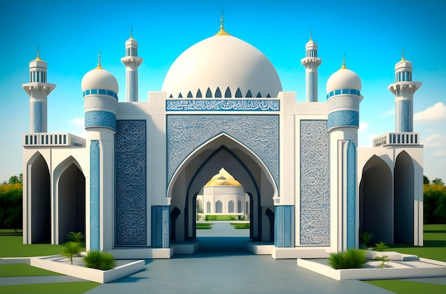 Una ilustración de una mezquita musulmana con una puerta en el medio