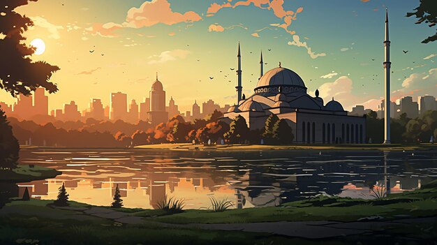 Foto ilustración de la mezquita y el parque de la ciudad