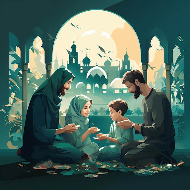 Una ilustración de la mezquita de Ramadán con la familia