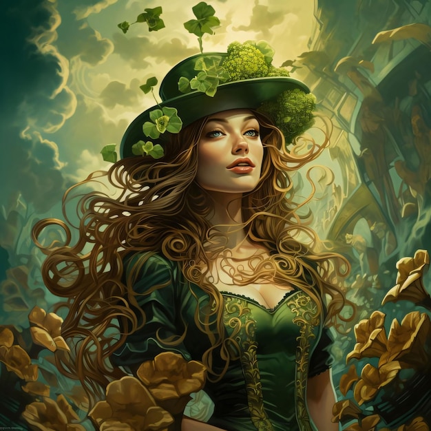 Ilustración de mí mujer joven con el cabello suelto alrededor de flores hojas de trébol verde el símbolo de color verde del Día de San Patricio