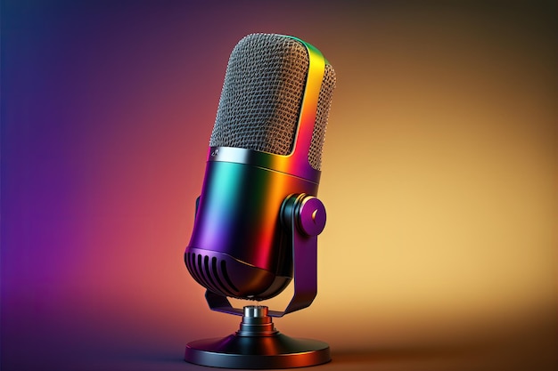 Ilustración de micrófono de estudio para podcast, fondo degradado colorido. IA generativa