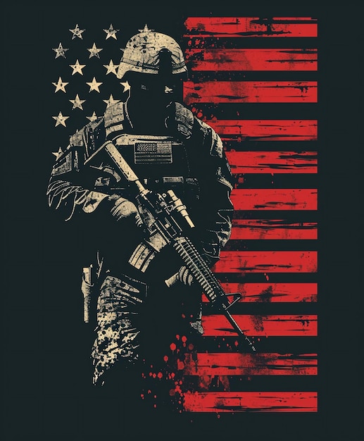 Foto ilustración de un militar con armas y bandera estadounidense al fondo